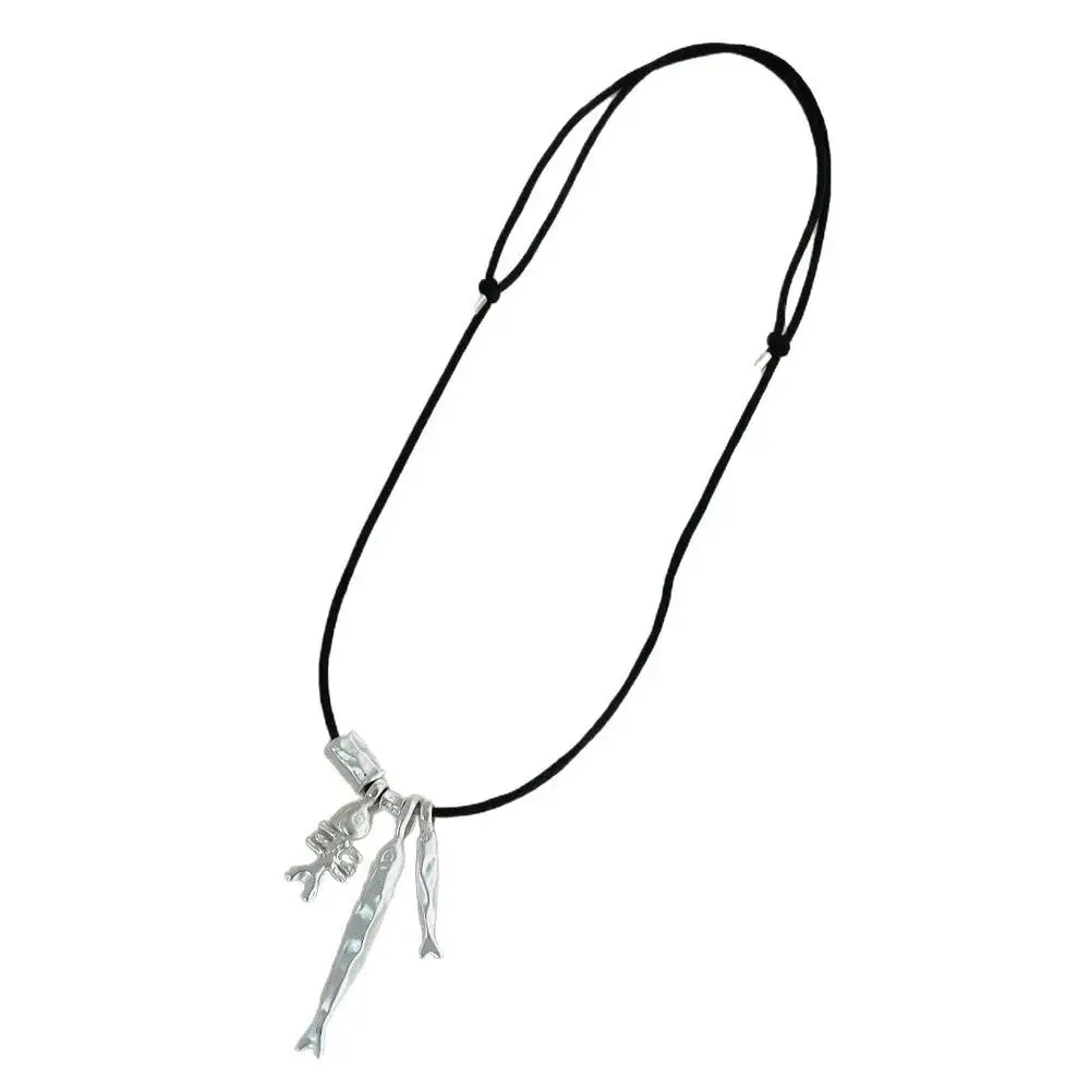 New Metallic Fish Bone Pendant Necklaces Adjustable Sweater Chain Chain Wax Rope Long for Women Men