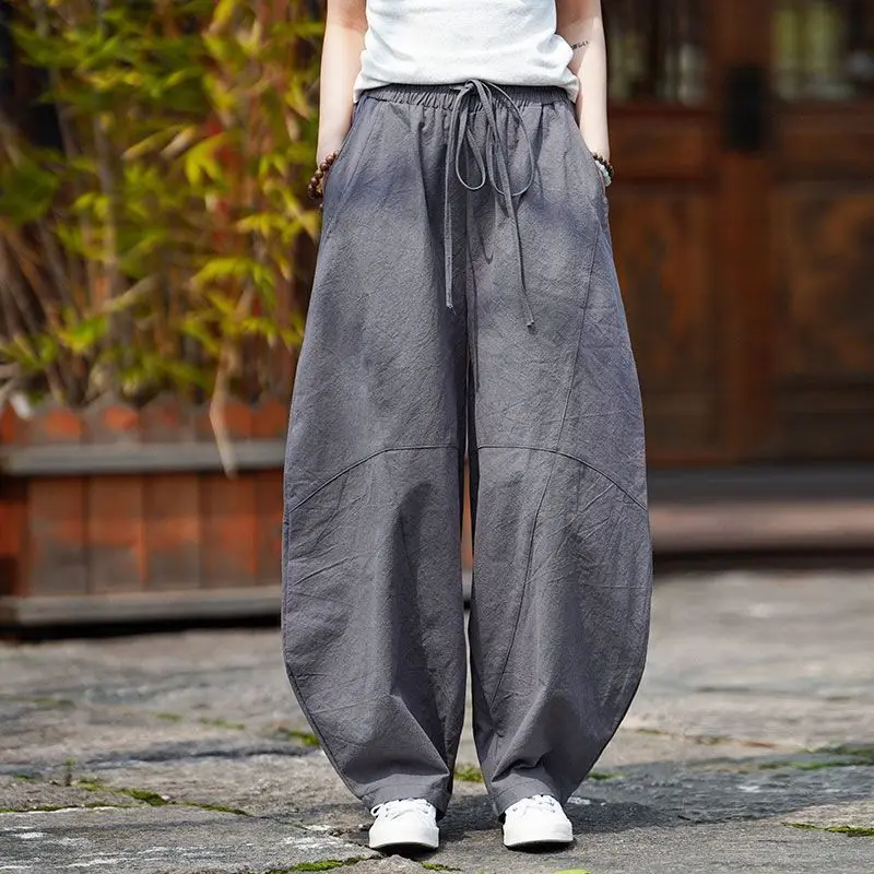 Herren Leinen-Baumwoll-Haremshose im Chinesischen Stil, Weite Beine, Frühling-Sommer Vintage Übergröße Tai Chi Freizeithose
