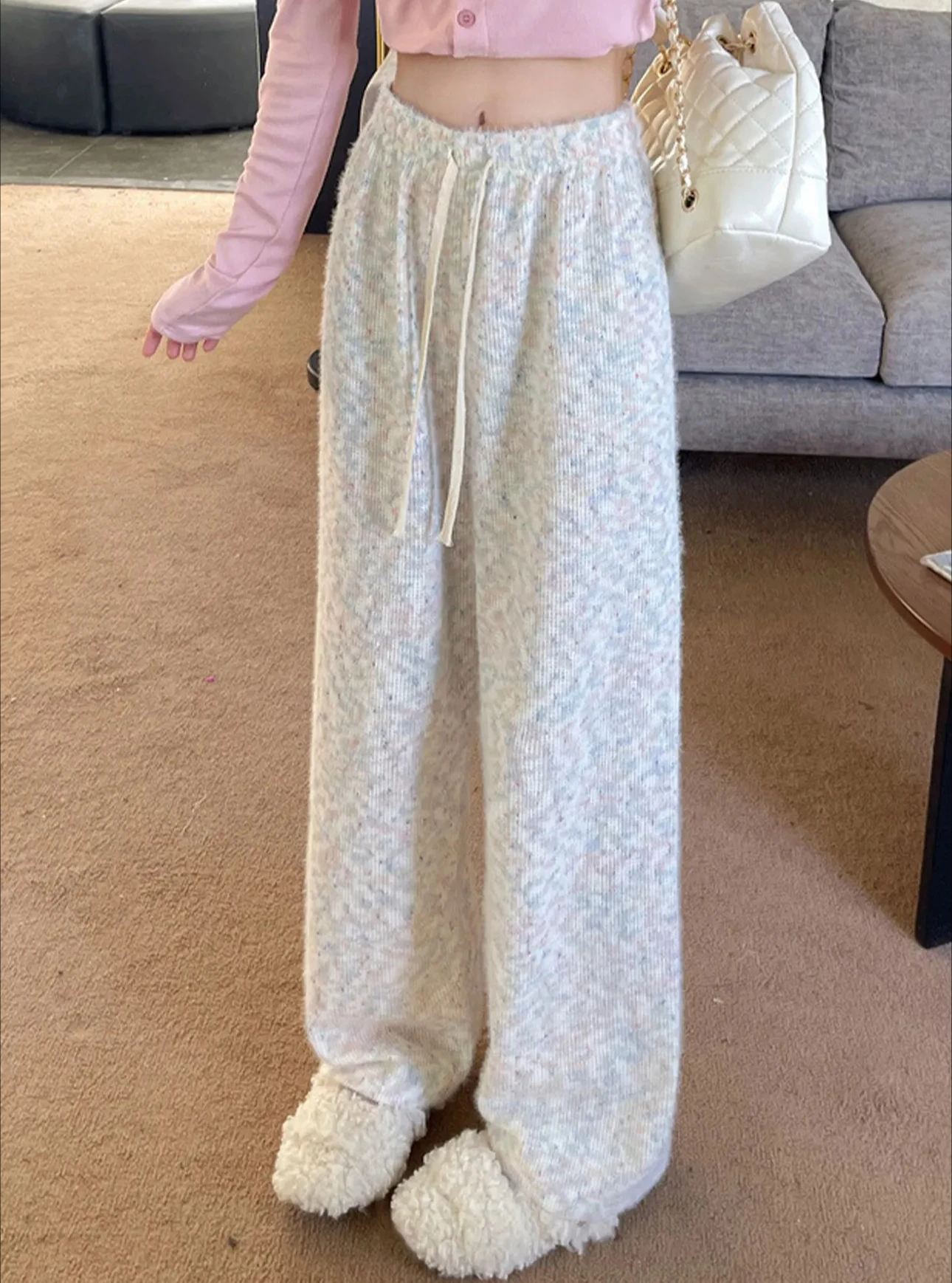 

Женские модные радужные клейкие рисовые брюки, прямые свободные вязаные широкие брюки