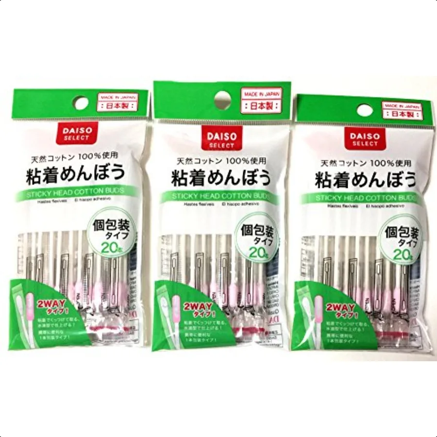 3 X Tampone di cotone con testa adesiva Daiso Japan, 20 pezzi