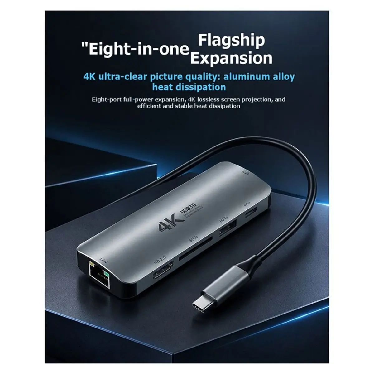 TYPE-C Docking Station, USB-C to USB 3.0 Four-Port 4K Screen Projection, 100Mbps Ethernet, PD Fast Charging