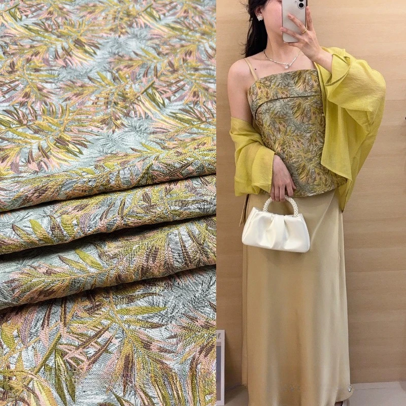 

Bamboo Leaf Jacquard Suspender Fabric Color Blocking Brocade Skirt Windbreaker Clothing Designer Fabrics for Diy Sewing Cloth