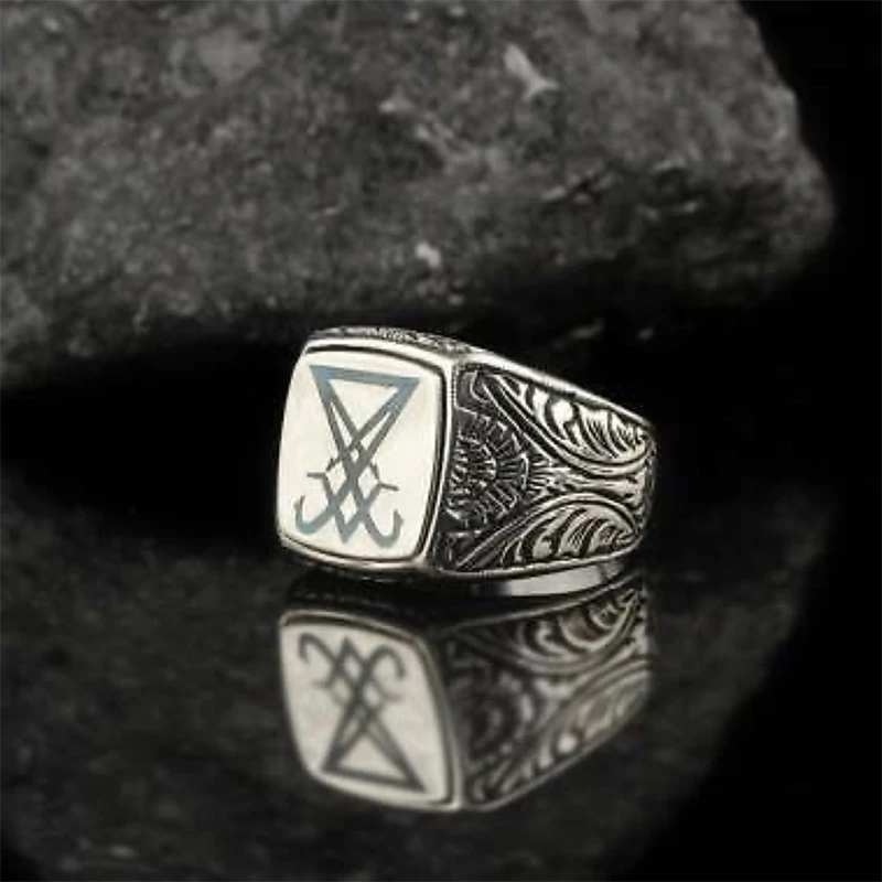 Dropshipping Vintage Sigil Lucifer Rock Ring 316L Stainless Steel Seal of Satan Rings for Men Male Punk Rock Jewelry OSR918