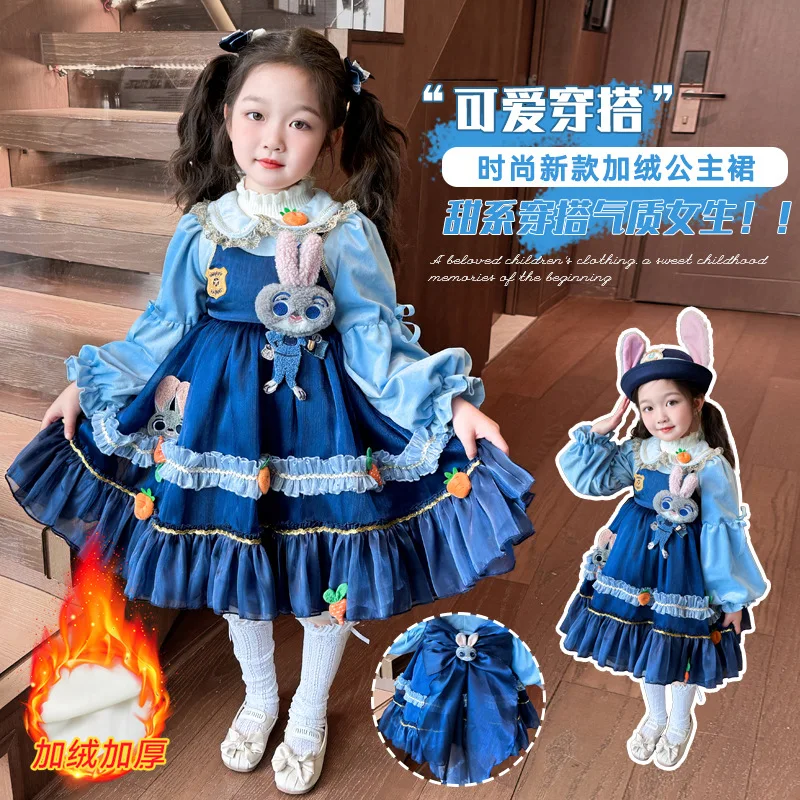 

Anime Plush Dress Girls Bunny Cop Spring Cartoon Disney Judy Hopps Velvet Princess Dress Cute Children Lolita Birthday Dress