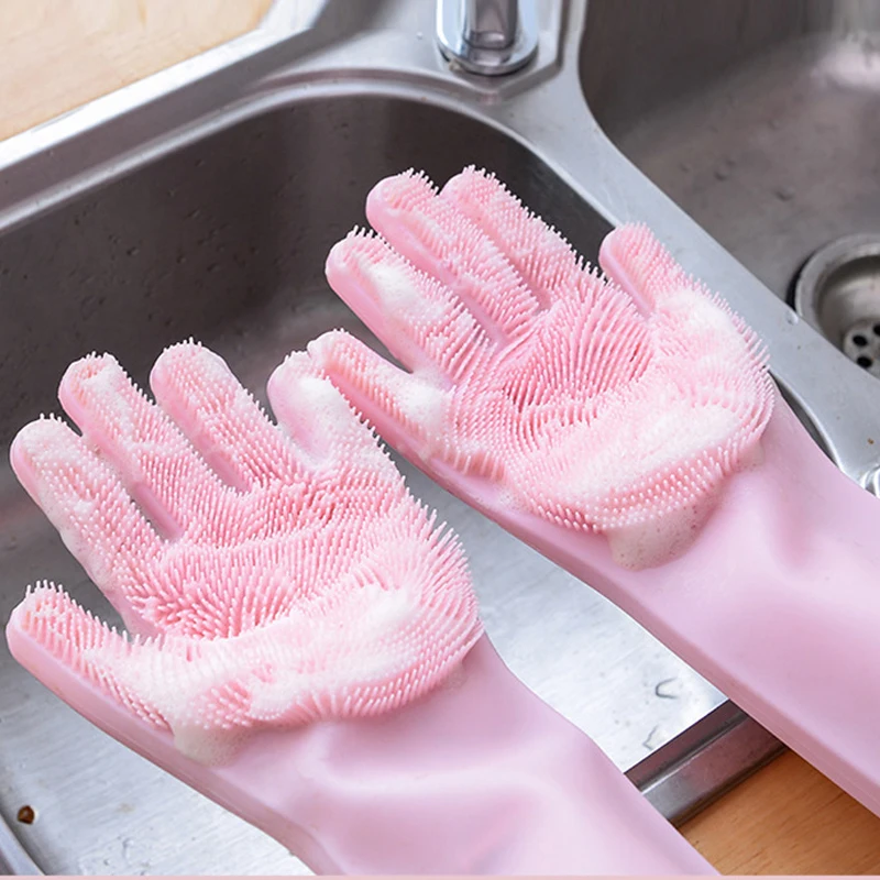 

1Pair of dishwashing cleaning gloves Kitchen Magic Cleaning gloves Silicone rubber dish washing gloves Household sponge scrubber