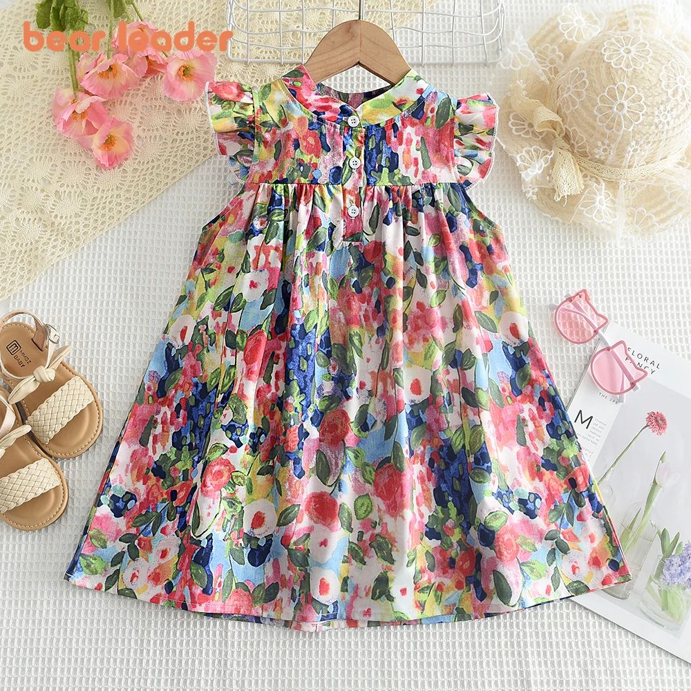 Bear Leader Girls\' Dress 2023 Summer New Girls\' Round Neck Flower Print Flying Sleeve Dress Fashion Children\'s Print Dress