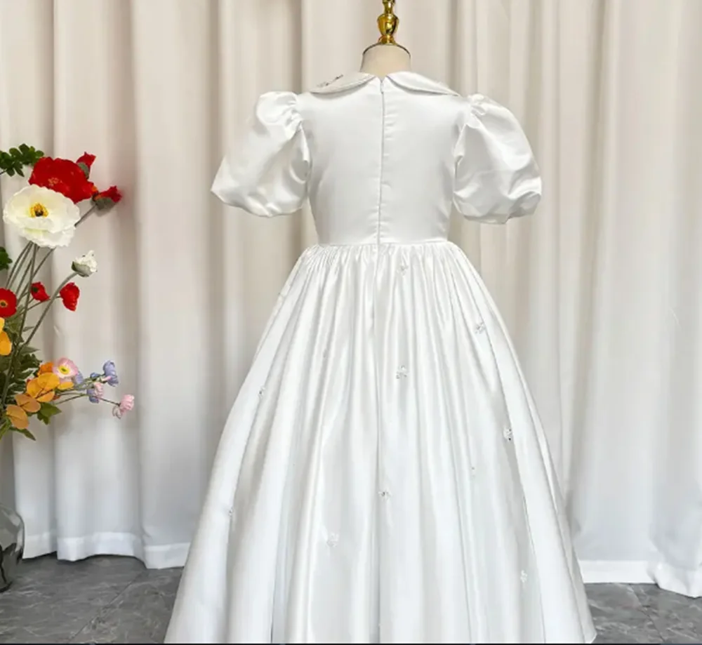 カスタマイズされたエレガントなフラワーガールドレス結婚式用ビーズパール半袖子供の誕生日パーティー初聖体拝領ページェントガウン