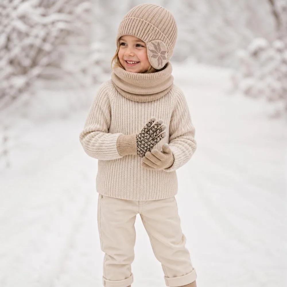 3Pcs Set Warm Winter Hat Scarf Gloves Set Ear Protection Non-slip Gloves Beanie Caps Snowflake Pattern Windproof