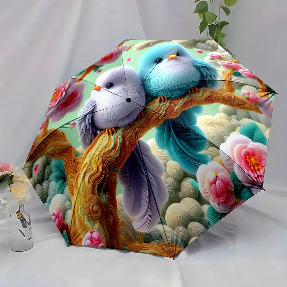 1PC Artistic Umbrella with Birds and Blooming Flowers Design Print 8 Iron Ribs Folding Umbrella Auto-Open Fashion Sunshade