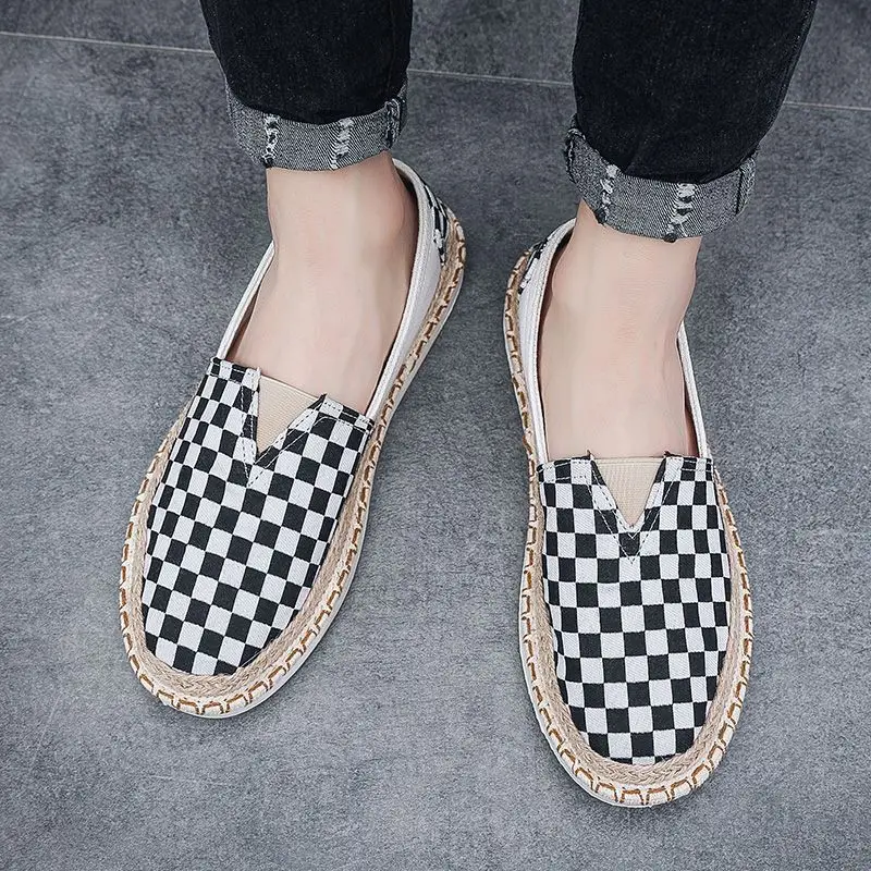 Breathable Plaid Slip on Cloth Shoes Men New Shallow Mouth Driving Loafers Casual Fisherman Style