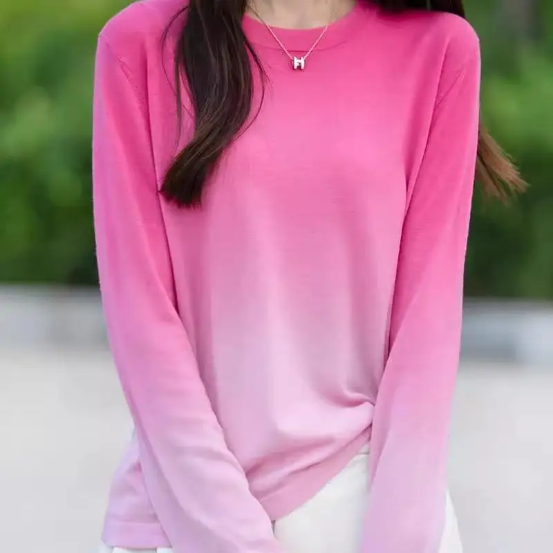 Slimming Long Sleeve round Neck Knitted T-Shirt Women's Base Shirt Thin Gradient Color Super Beautiful Sweater Commute Style