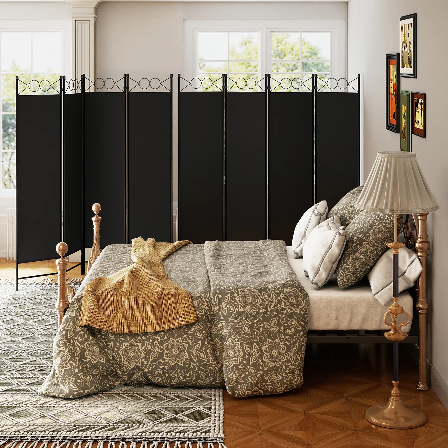 مقسم الغرفة، 4 ألواح إطار فولاذي بطول 6 أقدام، شاشة خصوصية قابلة للطي مع قماش مقاوم للماء ووسادات قدم مضادة للانزلاق للمكتب المنزلي. أسود