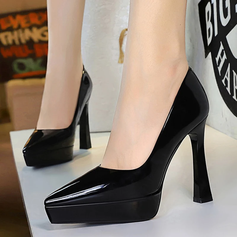 BIGTREEシューズ プラットフォームパンプス レディース 12cmヒール パテントレザー ハイヒール 太ヒール レディースシューズ ポインテッドトゥ パンプス ファッション