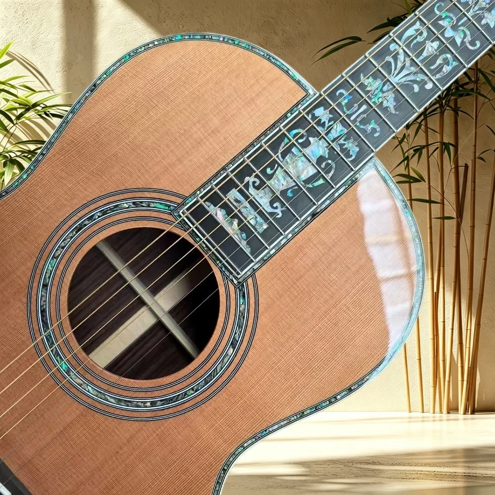 00045 All Solid Acoustic Guitar Cedar Top Rosewood Back Sides Ebony Fretboard Floral Shell Inlay Shell Binding Folk Fingerstyle