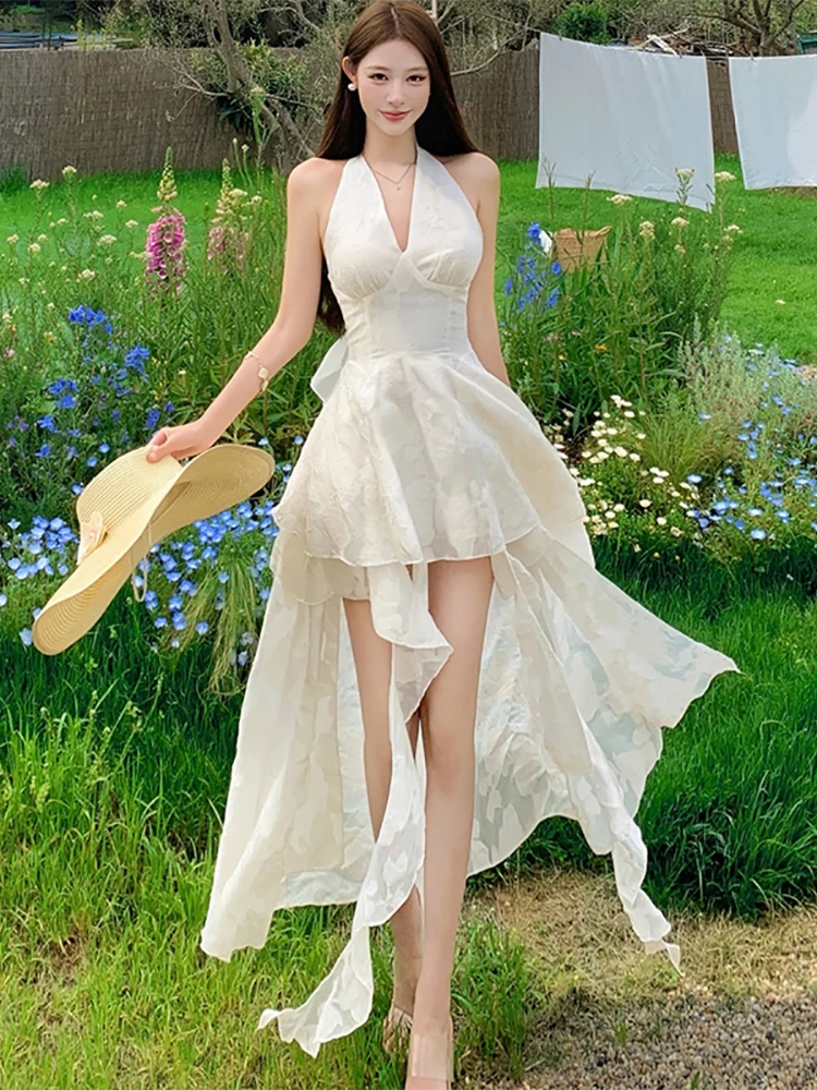 Summer White Mesh Jacquard Chic Neck-mounted Dress Women Elegant Luxury Ruffled Casual Dress 2026 Korean Bodycon Festival Dress