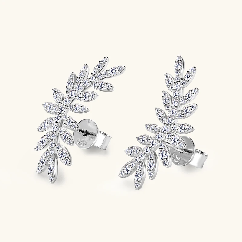 IOGOU 100% 925 Sterling Silver Leaf-Shaped D Color Moissanite Stud Earrings Climber for Women INS Trend Wedding Jewelry Vacation