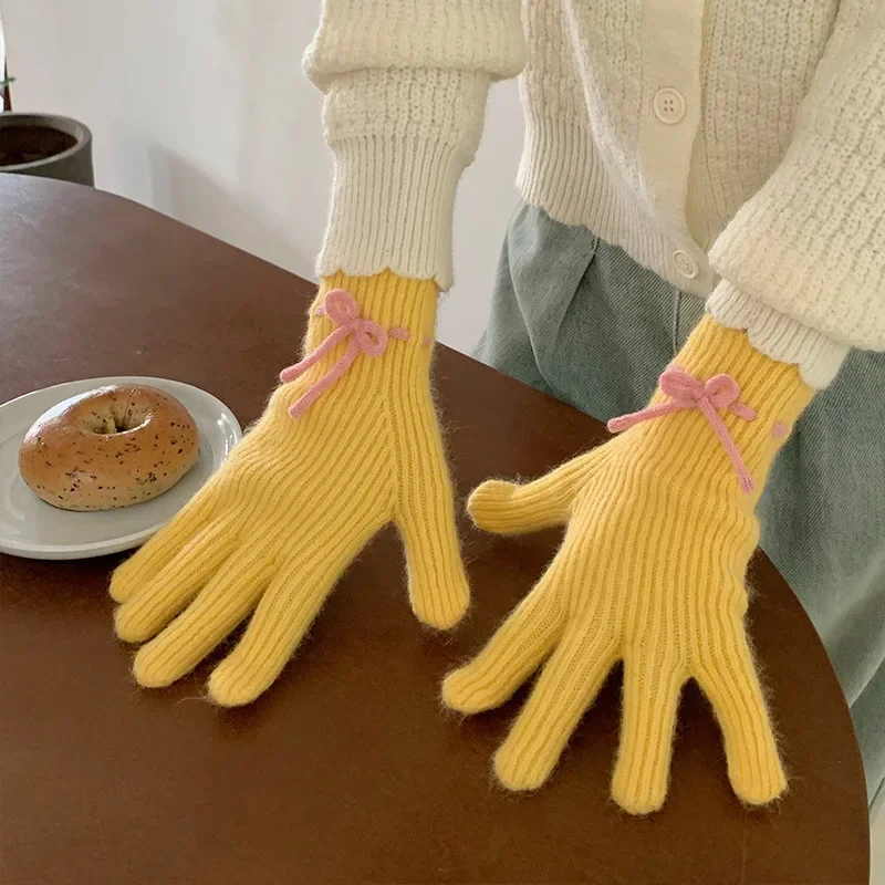 Korea Knitted Bow Gloves Lolita Winter Warm Fullfinger Touch Screen Gloves Kawaii Japanese Jk Y2k Mittens Cycling Accessories