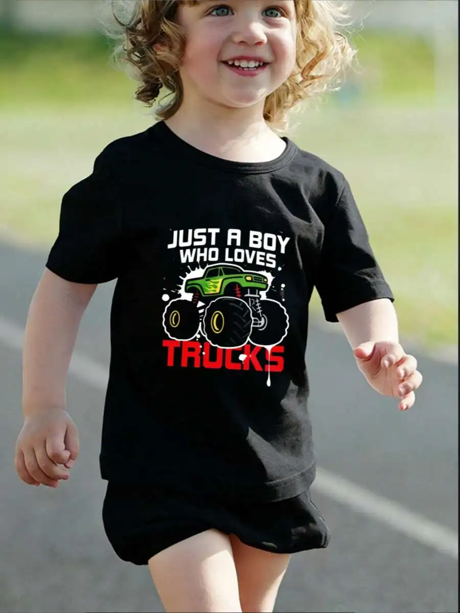 Casual Style For Both Boys And Girls Family Matching Shirts Just A Boy Who Loves Trucks Graphic Outdoor Summer Gift For Kids