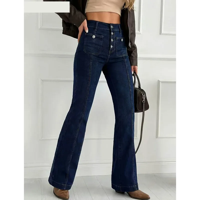 Lady Retro Button Placket Thin Flared Jeans Girls High-rise Slim Fit Denim Trousers Women Korean Fashion Street Trend Jeans