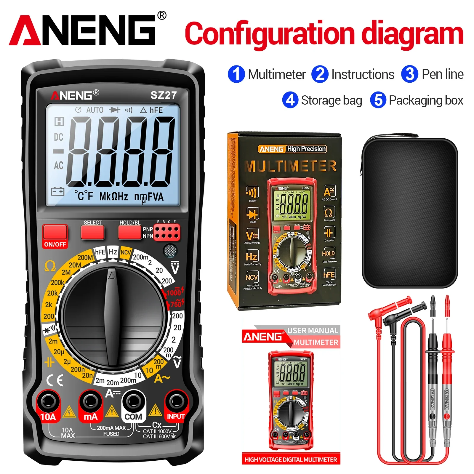 Multi Functional ANENG SZ27 Multimeter NCV Buzzer Backlight Low Power Prompt Household Circuit Electronic Maintenance Measuring