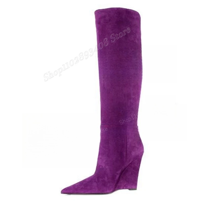 Purple Suede Wedge Heel Knee High Boots Solid Pointed Toe Slip-on High Quality Women Shoes 2023 Fashion Sexy Zapatos Para Mujere