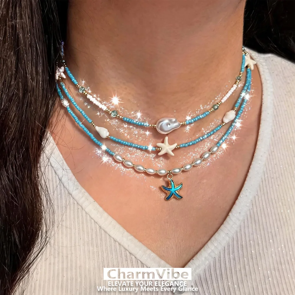 Summer Beach Vacation Layered Necklace for Women Blue Beads Starfish Shell Pearl Y2K Boho Seaside Trendy Fashion Jewelry new