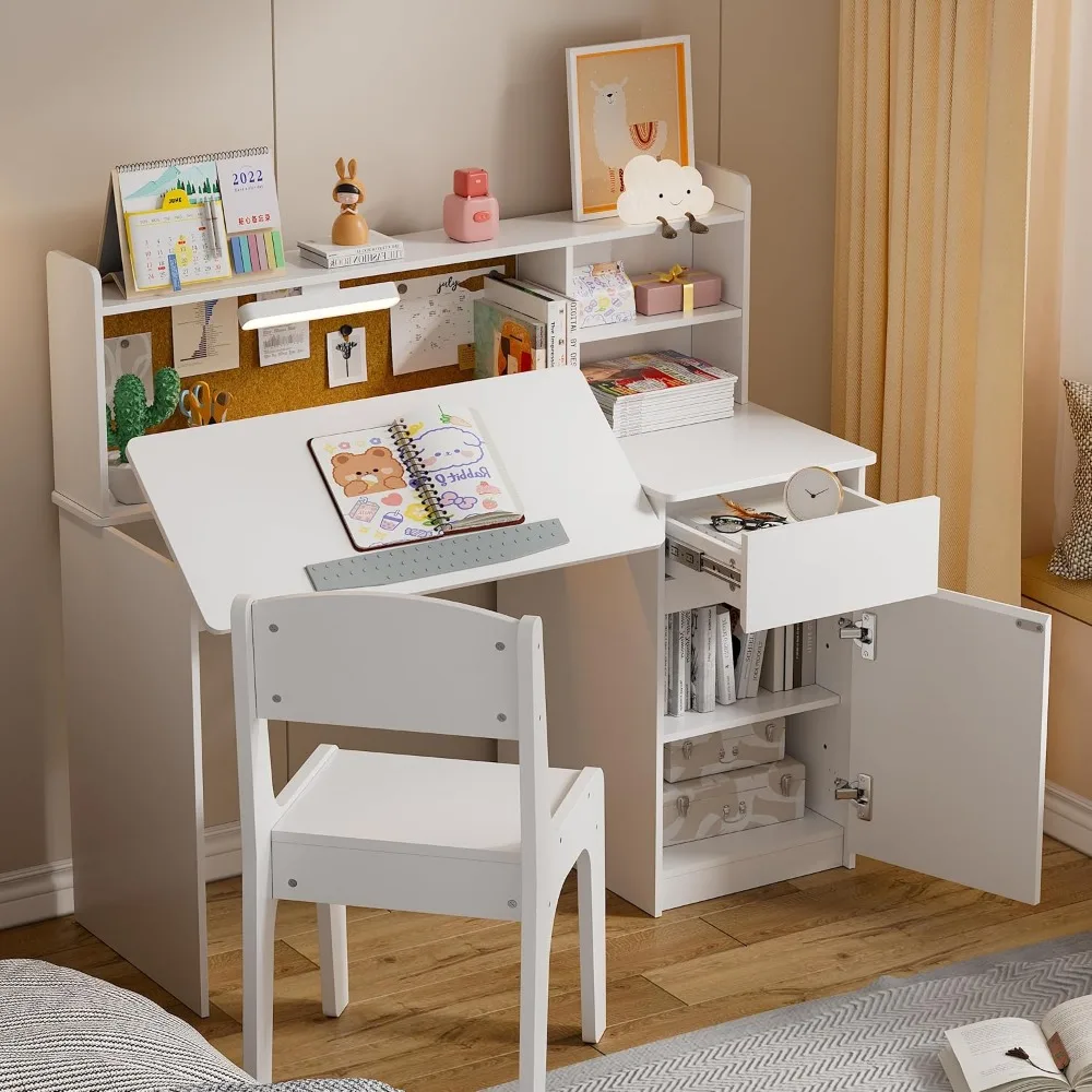 Ensemble bureau et chaise pour enfants, bureau d'étude pour enfants avec 3 lumières pour documents, table d'étude multifonctionnelle pour enfants de 5 à 12 ans, bureaux d'écriture pour étudiants