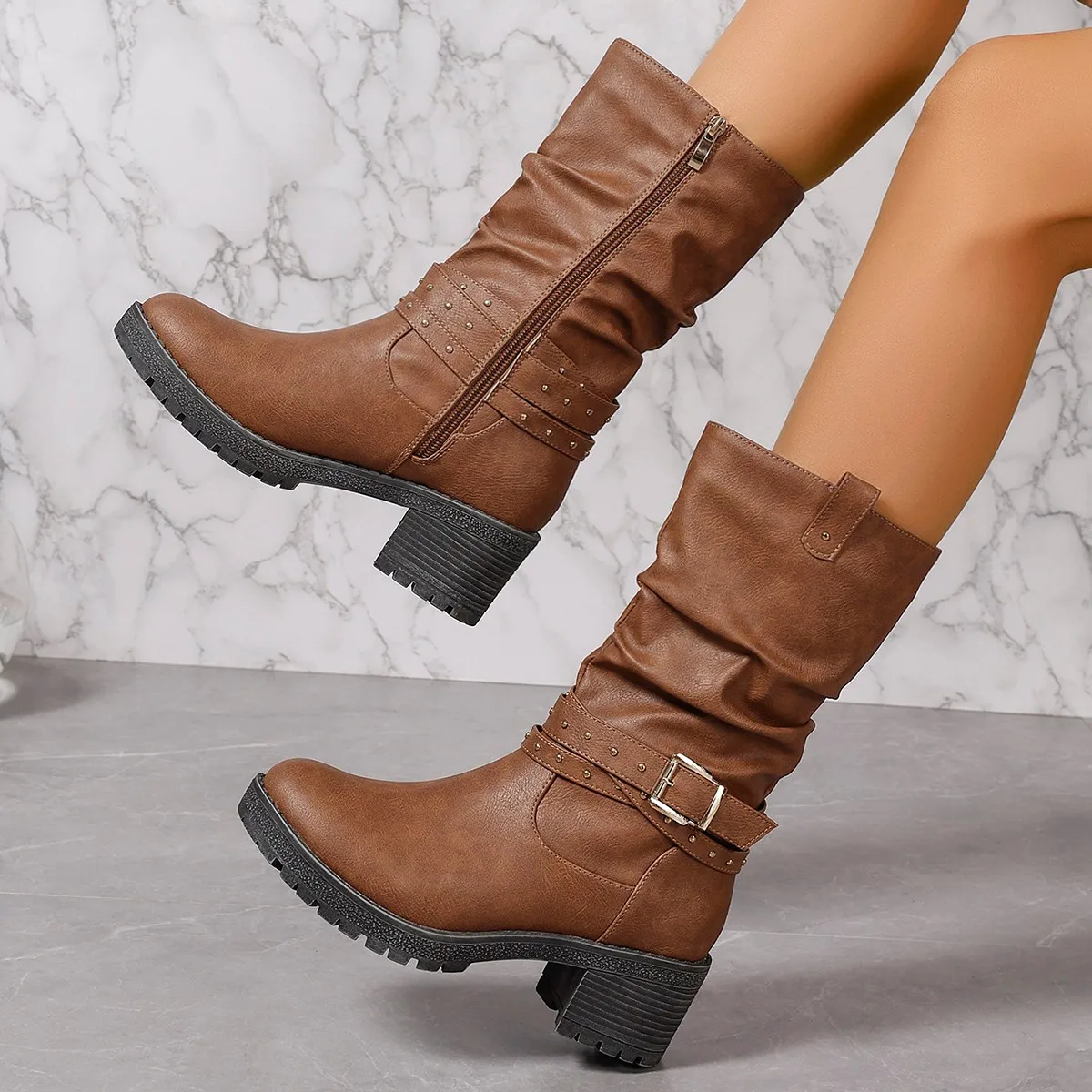 

Длинные сапоги на платформе и низком каблуке большого размера, осенне-зимняя удобная обувь, женские теплые ботильоны, винтажные коричневые женские сапоги до колена