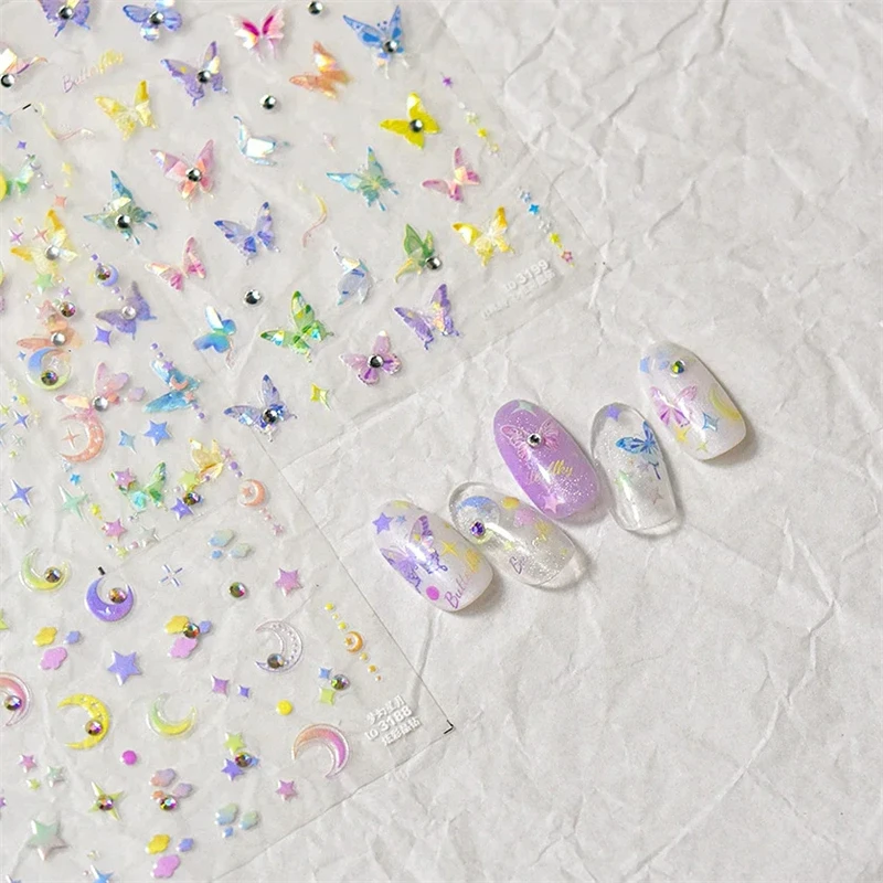 カラフルなピンク段階的なムーンスタークラウド蝶ラインストーン 5D ソフトエンボス加工ネイルアートステッカー 3D デカール装飾マニキュア
