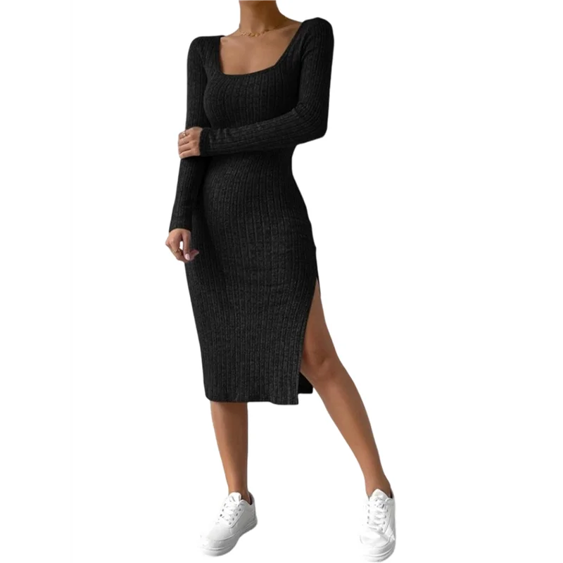 ABRT-Vestito autunnale da donna 2 Abito midi da spiaggia in maglia a maniche lunghe con scollo quadrato e abito maxi slim con spacco