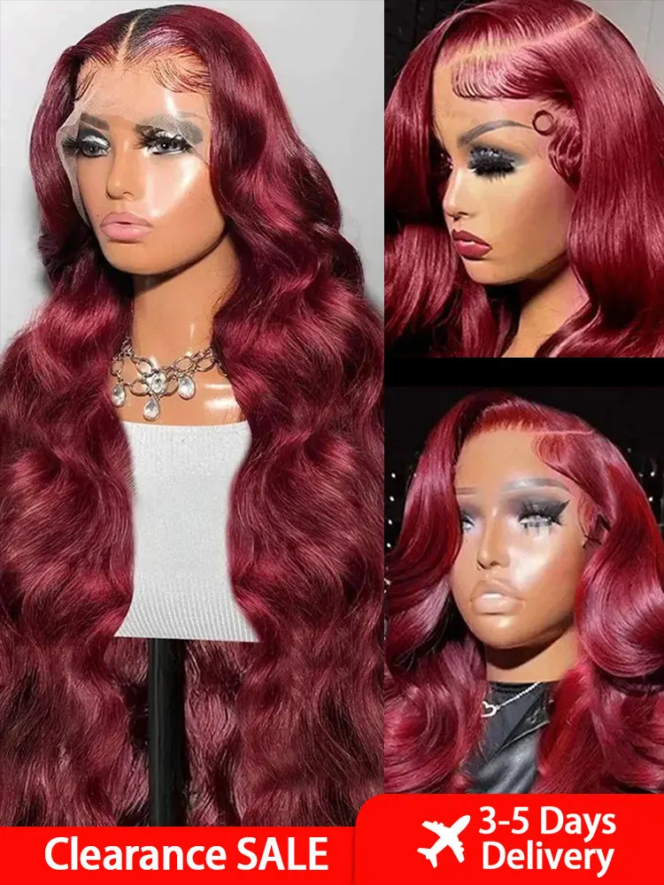 13x6 99J Burgundy Body Wave HD Transparent 13x4 Lace Front Human Hair 30 40 Inch Red Colored Water Wave Lace Frontal Wigs