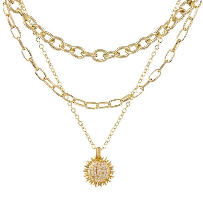 

Многослойное ожерелье золотистого цвета для женщин | Трехслойная цепочка с подвеской в виде солнца и сердца с фианитами | Регулируемая длина