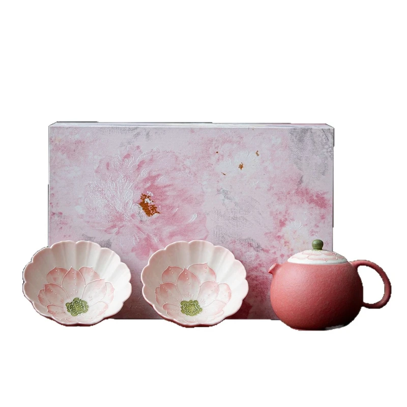 underglaze color, hand-painted lotus flower, two cups in one pot, ceramic master cup, pink gift box