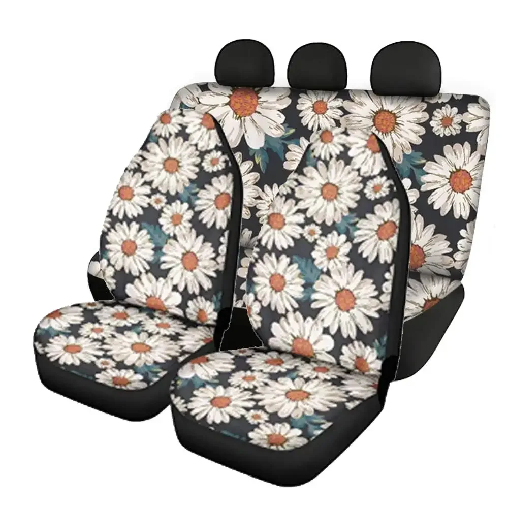 

INSTANTARTS Small Daisy Printing Car Seat Covers Full Set Women Anti-Slip Universal Car Front/Back Seat Covers Thick Accessories
