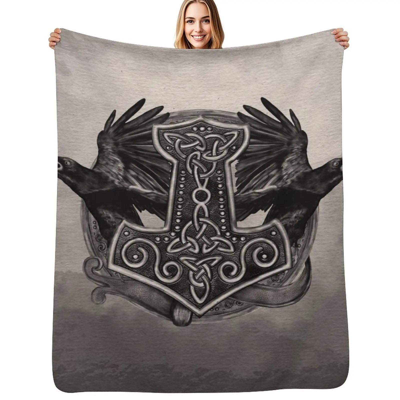 

Mjolnir The hammer of Thor and ravens Throw Blanket Cozy Home Blanket Gift for Christmas Holiday