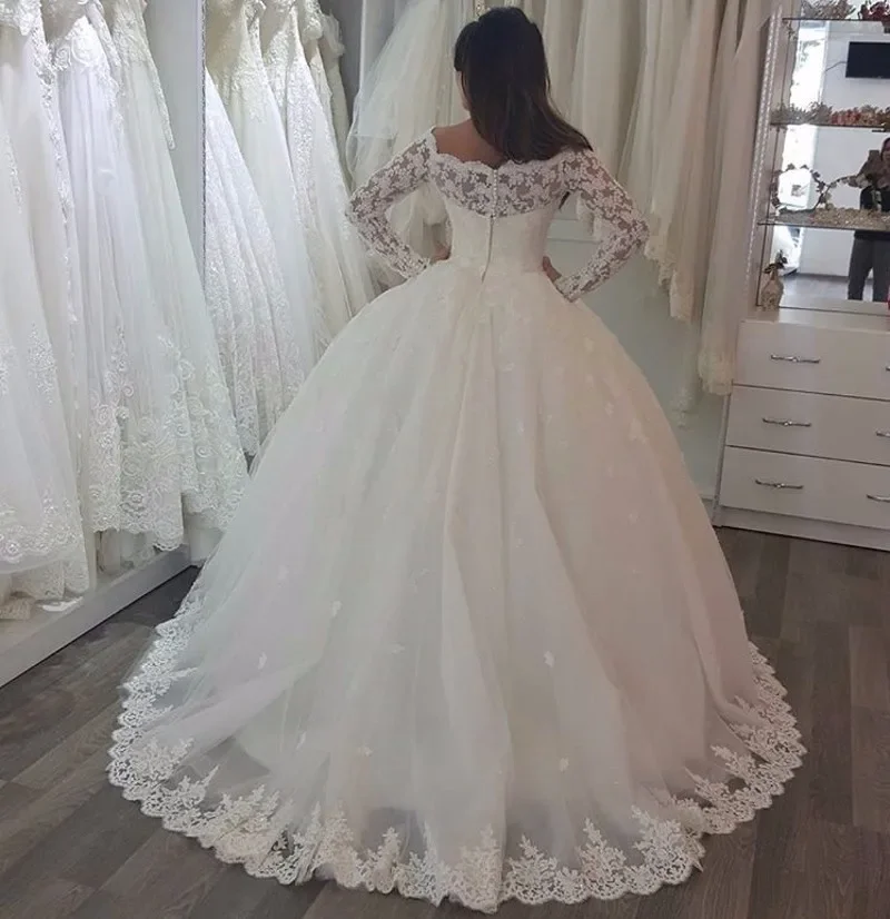 Customized Off Shoulder Illusion Neck Lace Ball Gown Long Sleeve Bridal Dress Plus Size Wedding