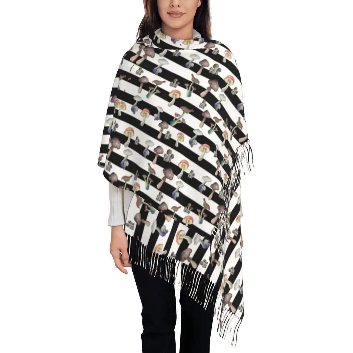 Warm Scarf Autumn Mushroom Shawls and Wraps Black And White Stripes Custom Bandana Men Women Retro Large Scarves