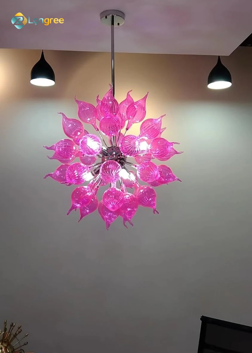 Longree Pink Flower Bud Hanging Pendant Light Fixture Art Decor Glass Chandelier Light for Foyer Entryway Dining Room