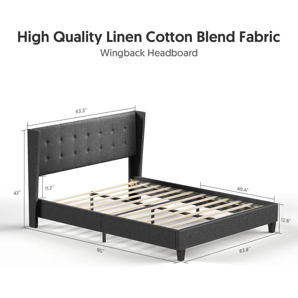 Traditioneel laag profiel platformbedframe met vleugelachterhoofdeinde in donkergrijze linnen bekleding - queensize