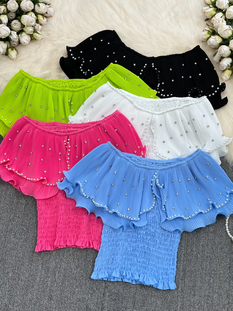 Pleated Blouse French Chic Sleeveless Shirts for Women Pearl Blusas Woman Sweet Fringe Crop Tops Dropshipping