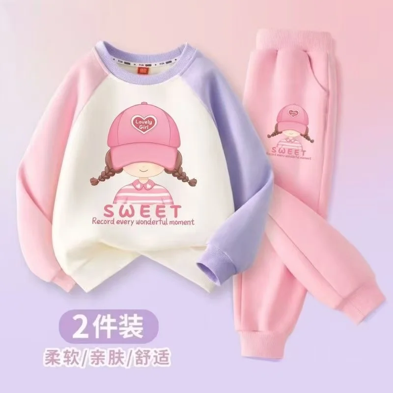 Autumn Baby Girl Clothes Set Children Hat Girl Printing Spliced Sleeve Sweatshirt  And Pants Two Pieces Long Sleeved Cotton Set
