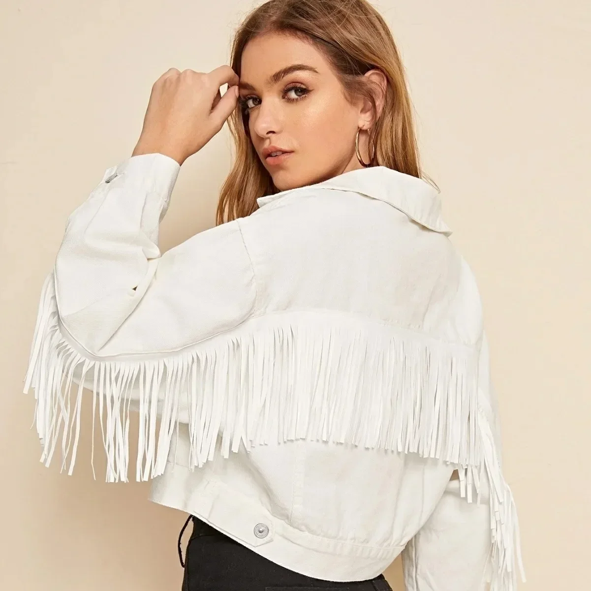 

Denim Jacket Women Full Sleeve Single Breasted Turn Down Collar Coat Vintage Washed Tassels Outerwear 2024 Autumn Streetwear