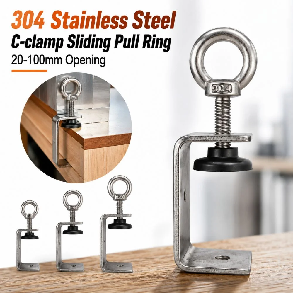 1pc 304 Stainless Steel C-clamp Pull Ring Adjustable Square Clamp 20-100mm Opening Sturdy Fixed Holder Clip Hardware Fasteners