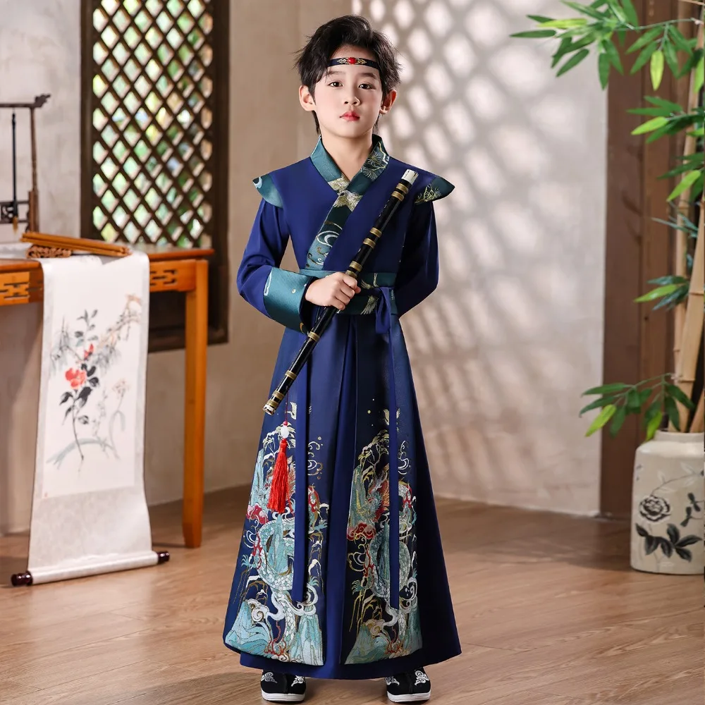 

Baby Chinese Hanfu Dress Cosplay Ethnic Style Kung Fu Kids Clothes Boy Set Stage Performance Costumes Party Children Clothing