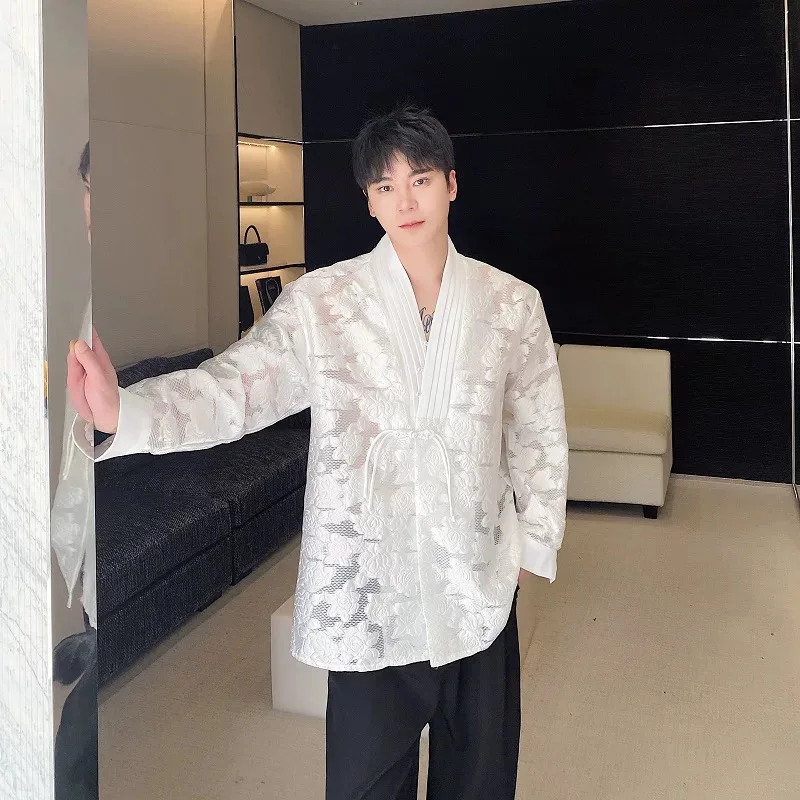 Male Jacquard Gentlemen White Senior Blouse Tops Men Sexy Handsome Festival Birthday Date Party Dinner Banquets Shirts Cool Tops