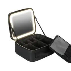 Saco de maquiagem de couro PU com espelho Light Up, 3 cores LED iluminado caso, viajando saco organizador, maquiagem caso