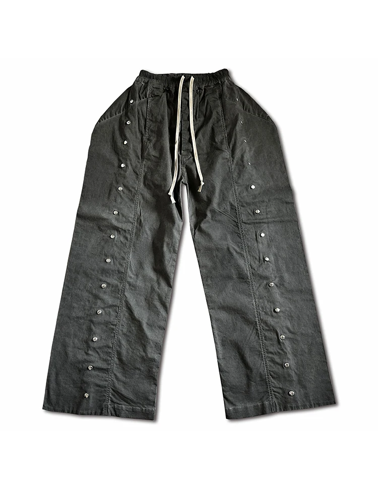 Gewassen oud vuil geverfd profiel dubbele rij knopen grijze rechte wijde pijpen werkkleding denim broek losse heren