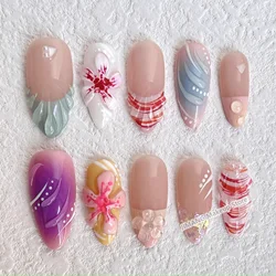 Customized 3D Flower Almond Press On Nails Handmade False Nails Reusable Short Fake Nail With Glue Gift Full Cover Nail Tips