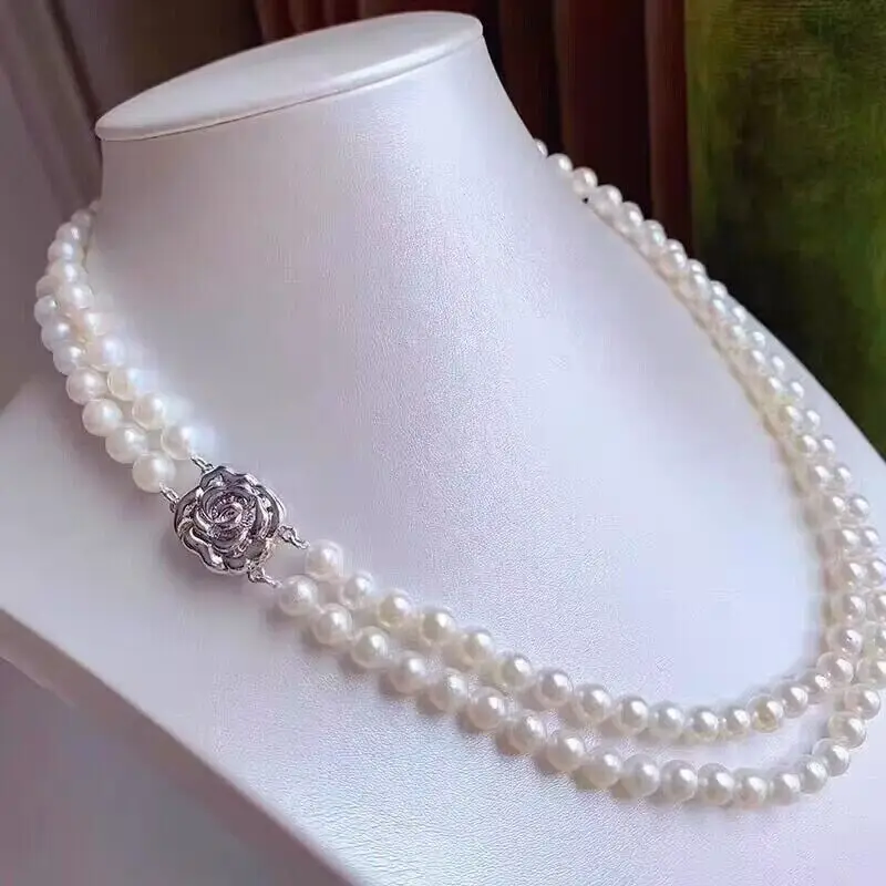 18-19 "cantik AAAA 7-8mm Laut Selatan kalung mutiara putih dengan 925 perak