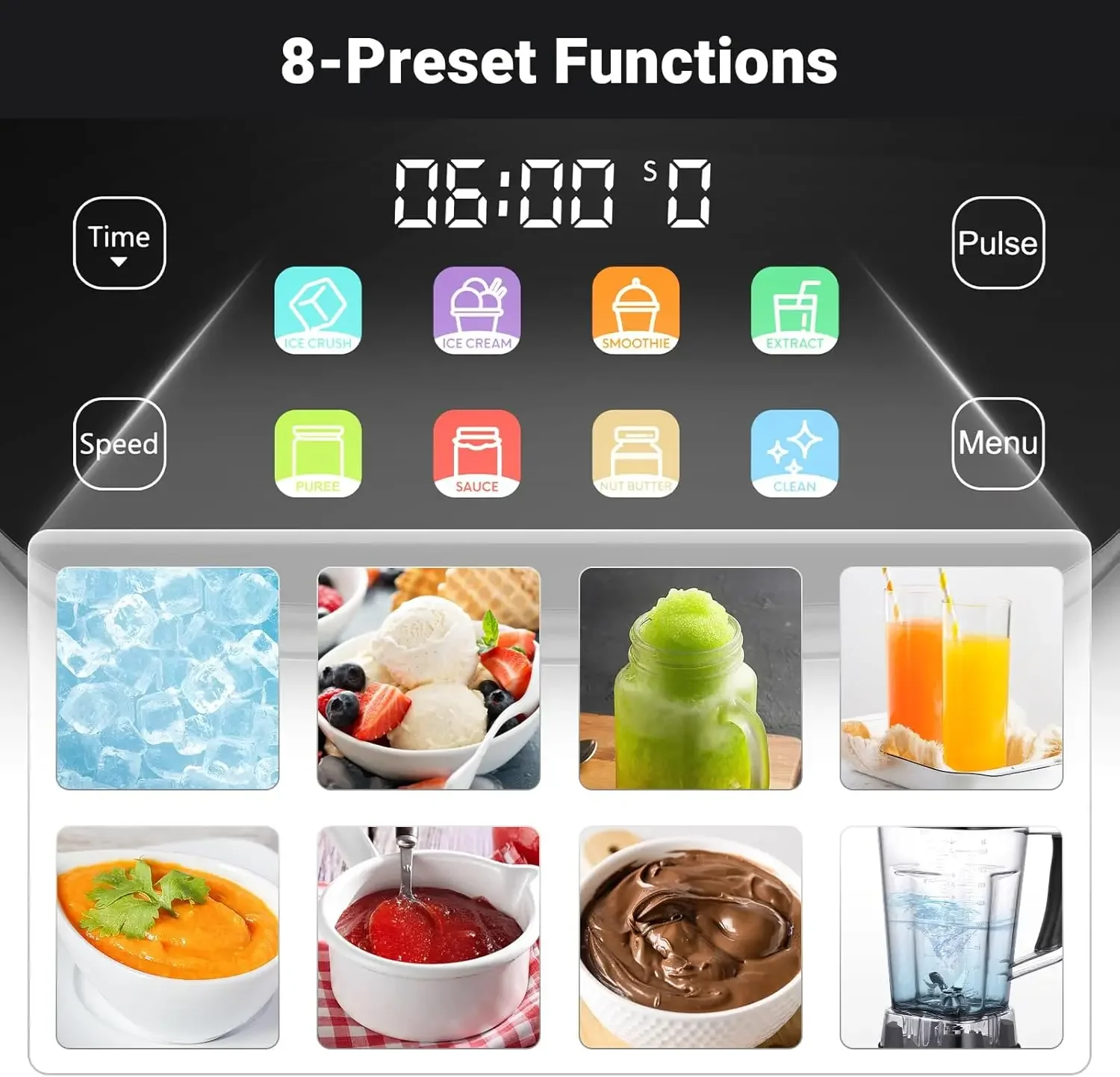 8-IN-1 Professional Blender, 2000 W Commercial Blenders for Kitchen with Timer, Innovative LED Touch Panel with 8 Preset Program